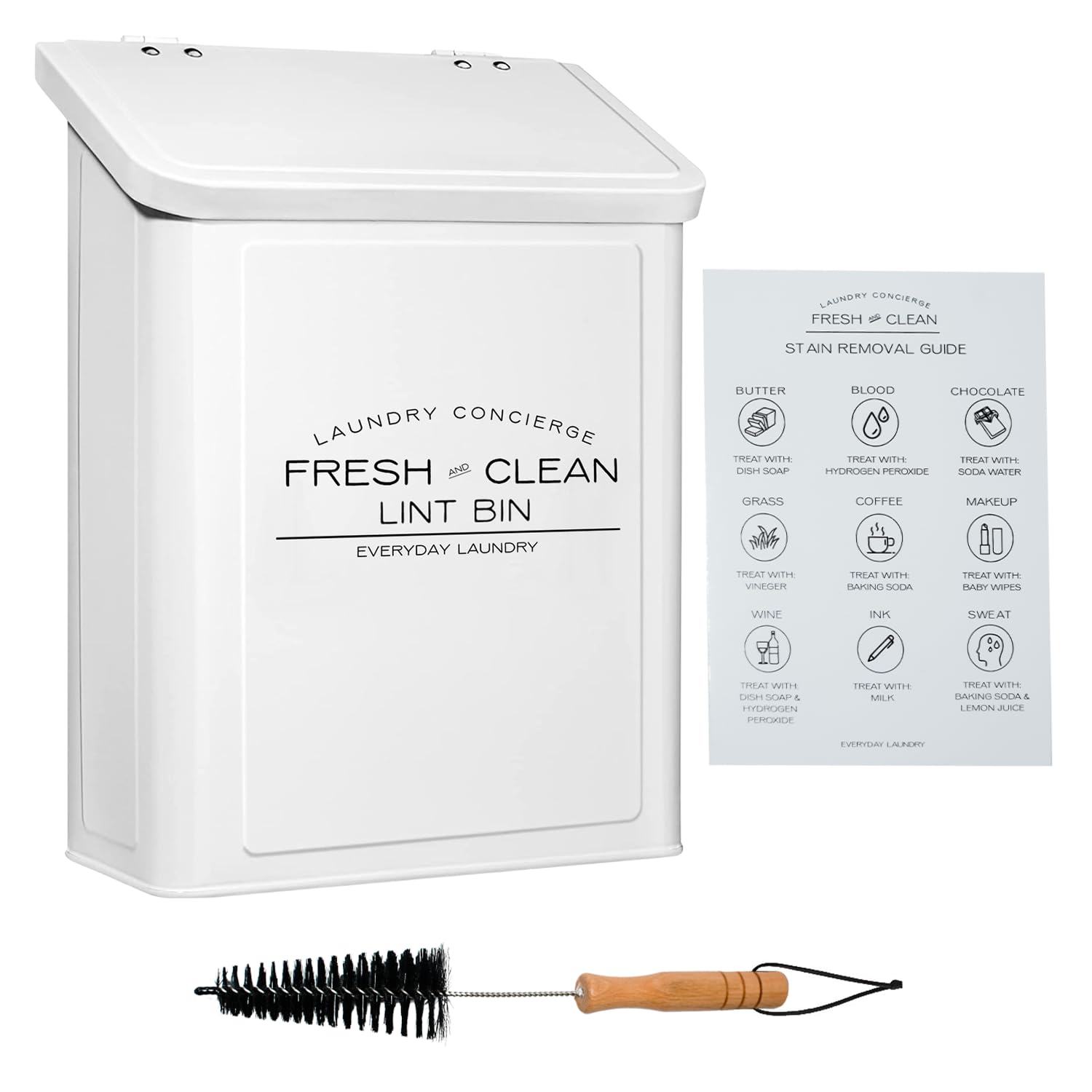 Lola & Opal Company Lint Bins Lint Bin w/Lint Brush & Stain Removal Guide- Metal Lint Holder Bin for Laundry Room to Store Pods, & More - Farmhouse Chic Magnetic Lint Bin for Laundry Room-Laundry Bins