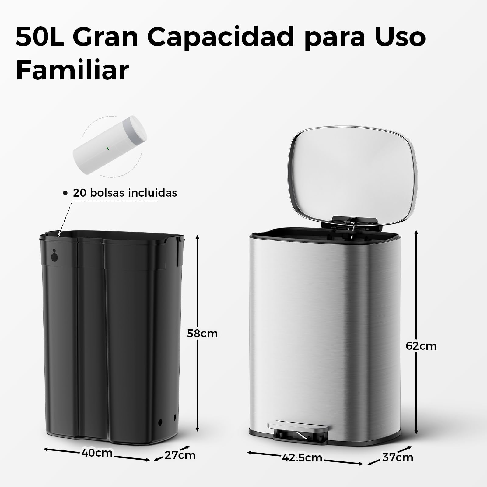 YASHE Cubo de Basura Cocina 50L, Gran Cubo Basura con 20 Bolsas, Pedal, Cierre Suave y Fácil de Limpiar