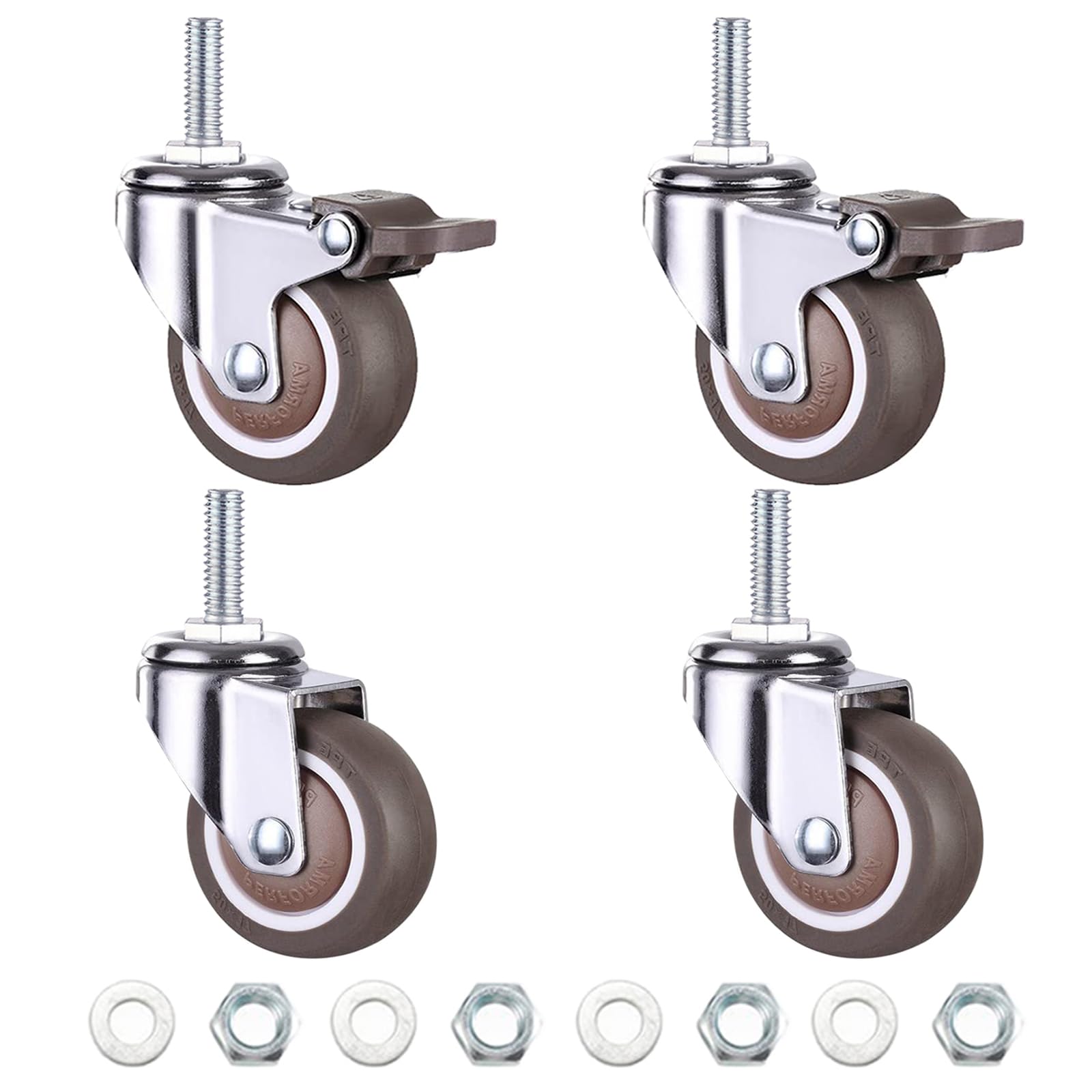 WANLIAN M10 Threaded Stem Casters Set of 4 Heavy Duty Swivel Wheels with Brakes, TPE Rubber Small Screw Caster Wheels for Furniture Tiny Cart Standing
