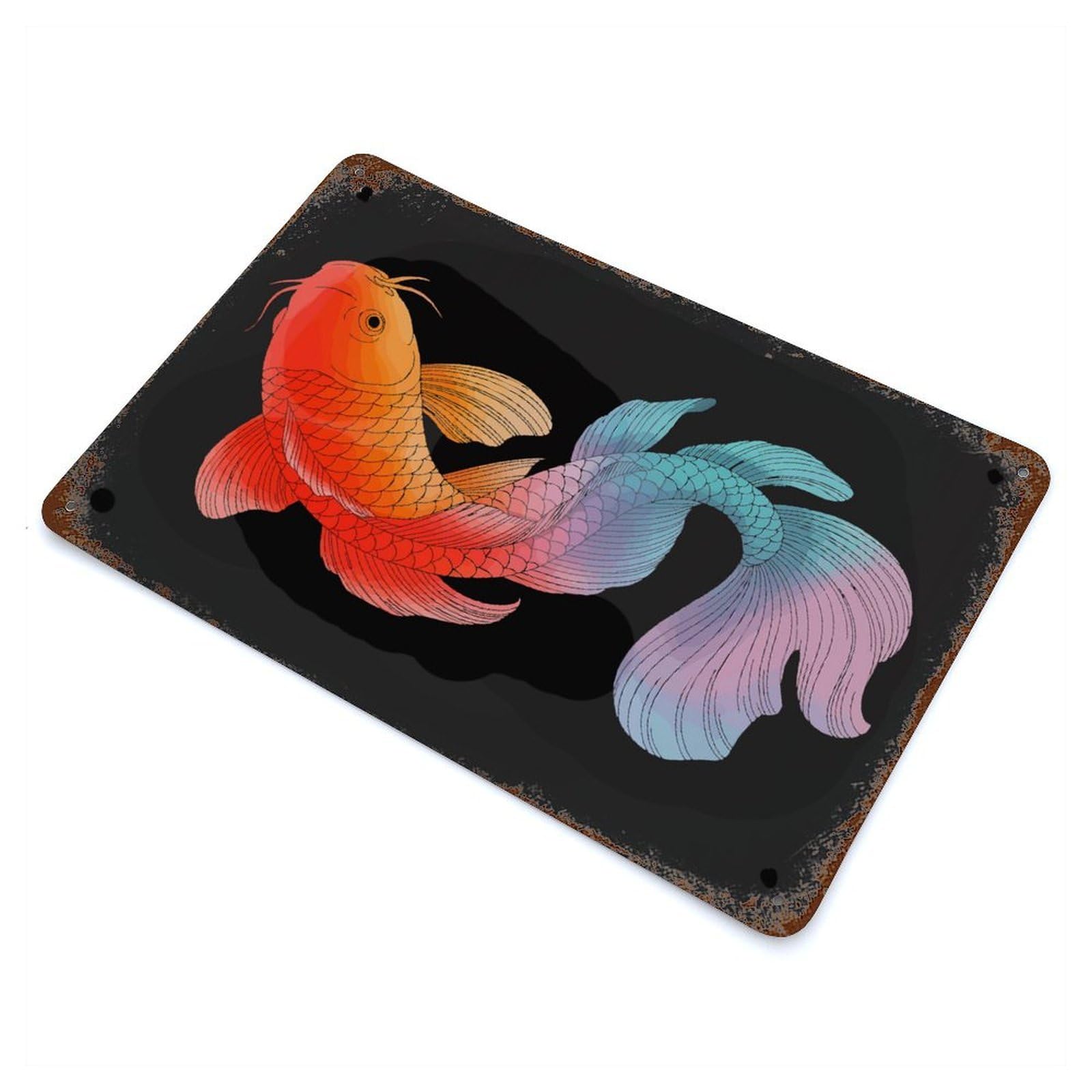 Colorful Koi Fish Illustration on Black Rusty Metal Tin Sign 11.8"x7.9", for Pub, Kitchen And Man Cave Decor, Novelty Wall Decor