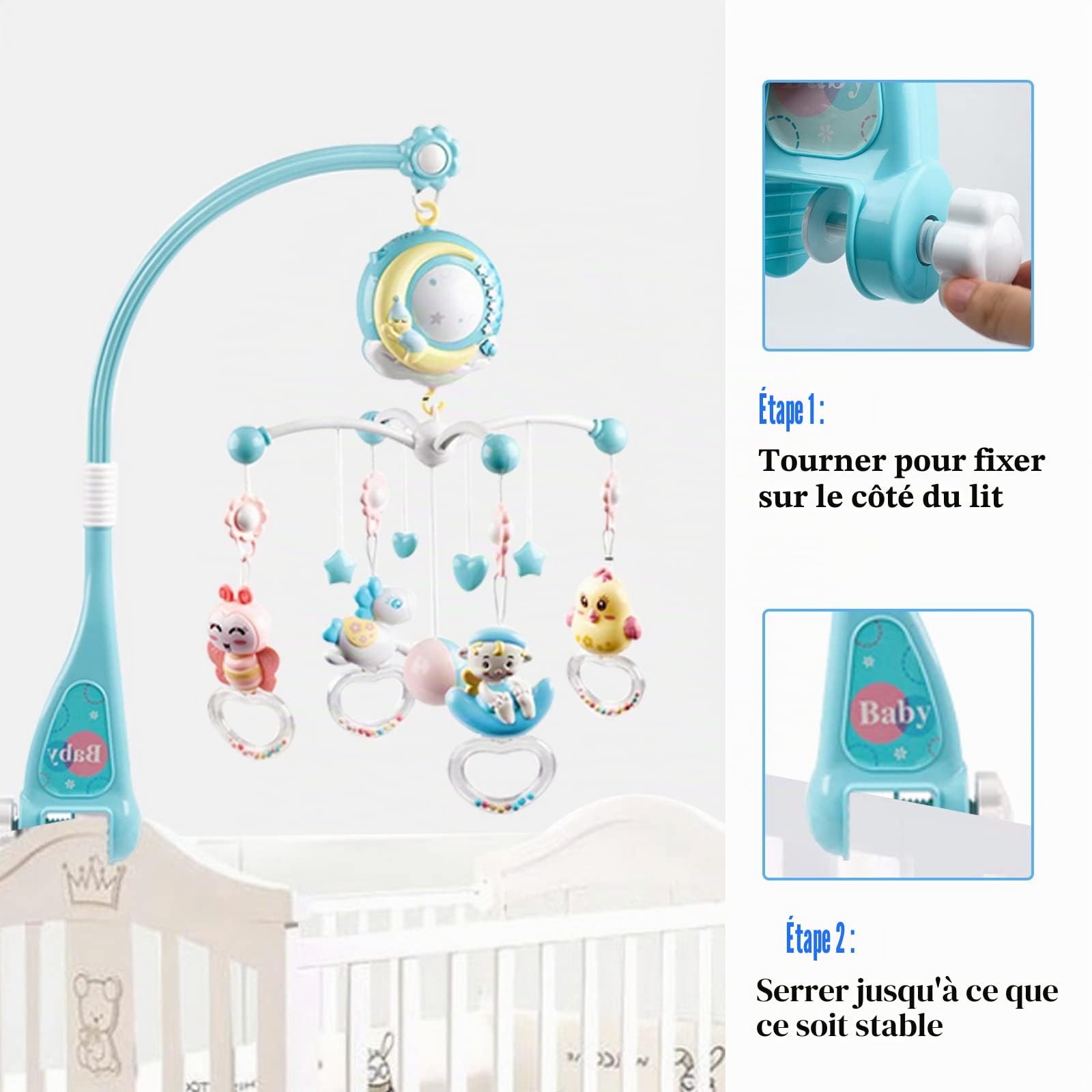 Mobile Musical Lit Bébé, Mobile pour Lit de Bébé avec Lit Bébé Rotatif à 360° avec Projecteur Lumières Hochet Suspendu, Mobile Lit Bébé avec Boîte à Musique Jouet Rotatif pour 0-24 Mois