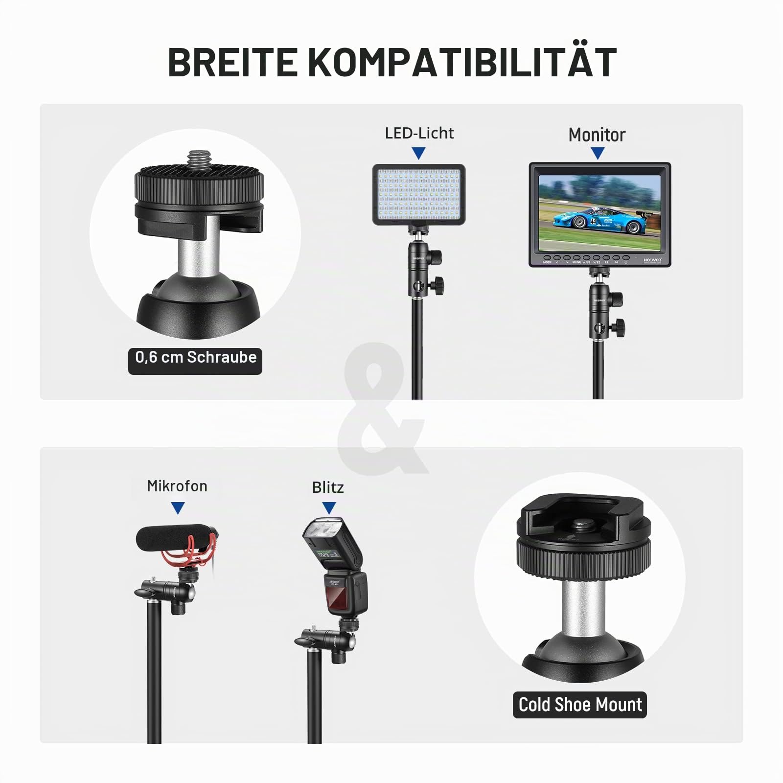 NEEWER Lichtstativ-Adapter mit Kaltschuh, 6,35 mm (1/4 Zoll) Mini-Kugelkopf, wendbare Montageplatte für Kamera-Monitor-Ringlicht, passend für Flachkopf/Galgenarm/C-Ständer, maximale Traglast 10 kg, 2