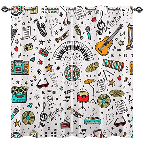 Anhope Music Curtains Grommet Light Filtering Window Drapes With Retro Hand Drawn Doodle Musical Equipment Print Pattern Decorative Privacy Curtains For Bedroom Living Room 2 Panels 42 X 63 Inch #TOP27