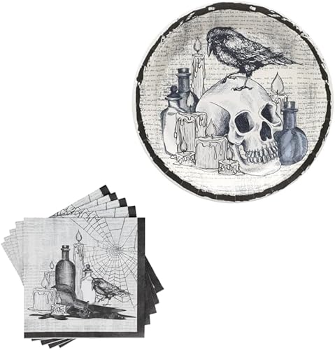 Juego de platos y servilletas de papel de Halloween, diseño vintage de calavera, cuervo, araña y botella, suministros de fiesta para adultos