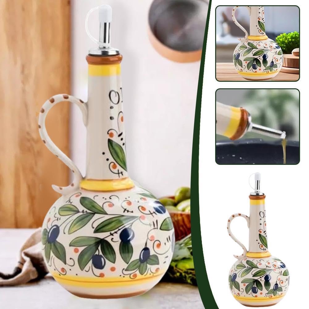 Botella dispensadora de aceite de oliva de cerámica italiana, vinagre de gres pintado a mano con boquilla de acero inoxidable para aceites de cocina, vinagre y salsas, capacidad de 23 onzas