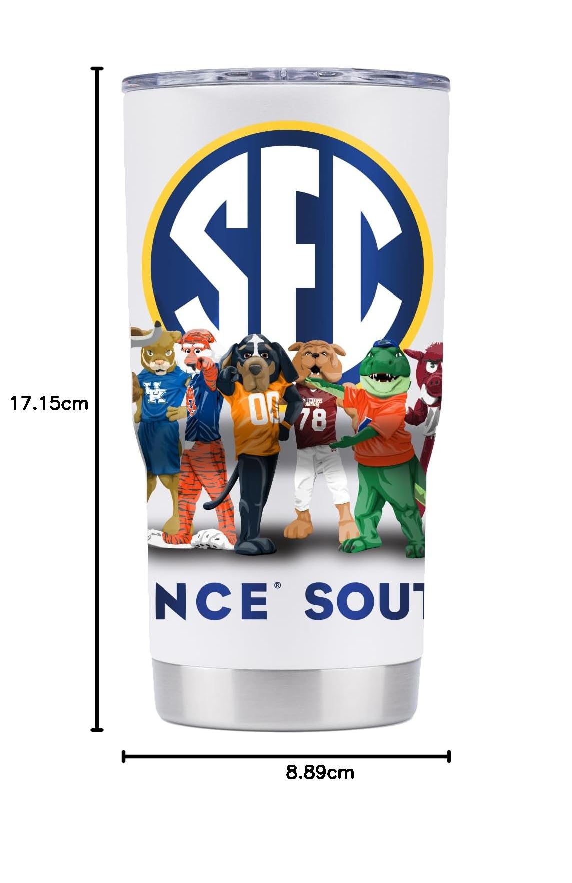 Gametime Sidekicks SEC Trinkglas, 590 ml, offizielles Lizenzprodukt, 18/8 Edelstahl, doppelwandig, vakuumisoliert, UV-LED-gedruckte Logos, Maskottchen, Weiß
