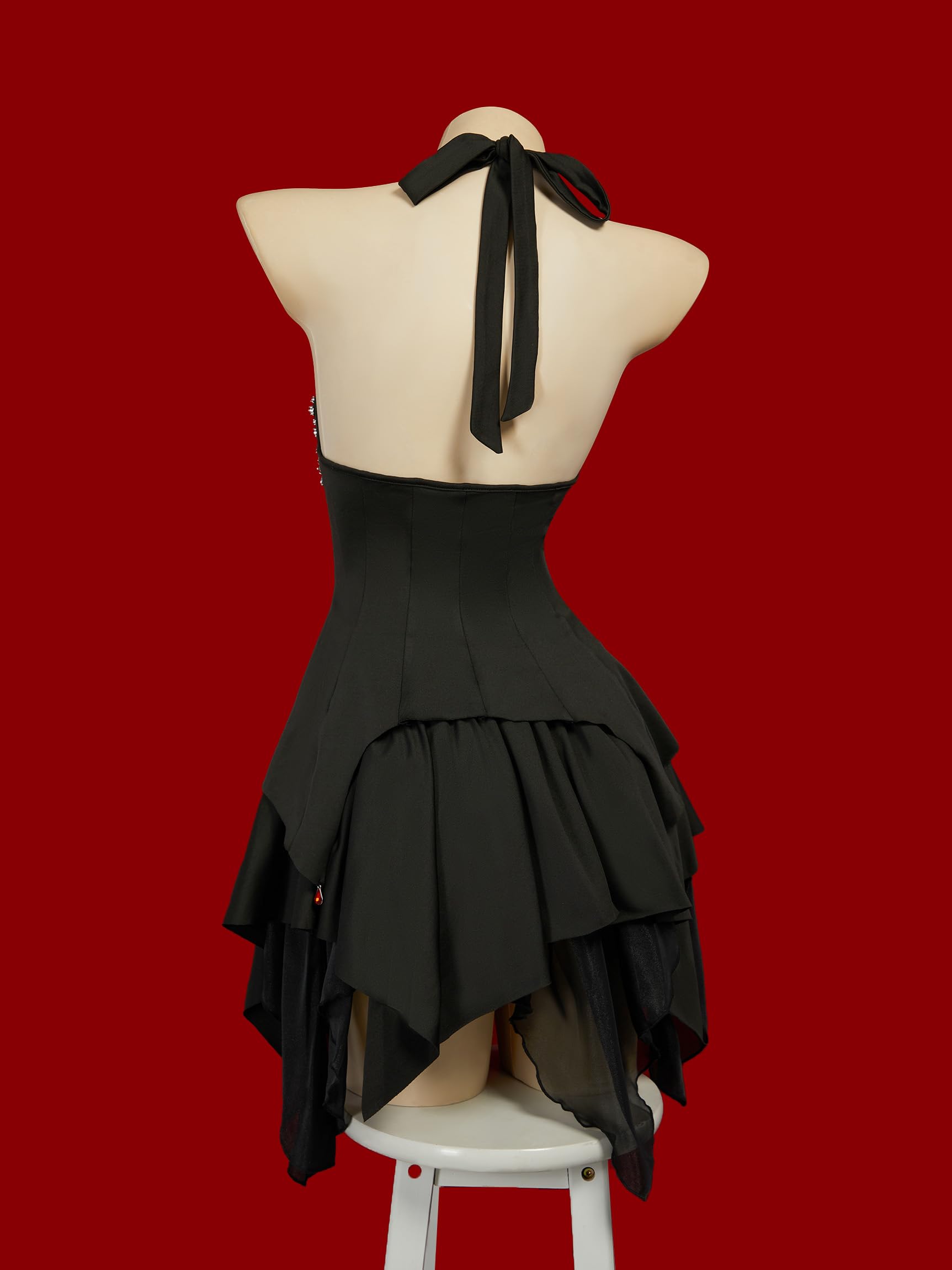 MEOWCOS Women's Gothic Dress Bat Style A-line Goth Halter Dress Halloween Cosplay Costume: Black X-Large