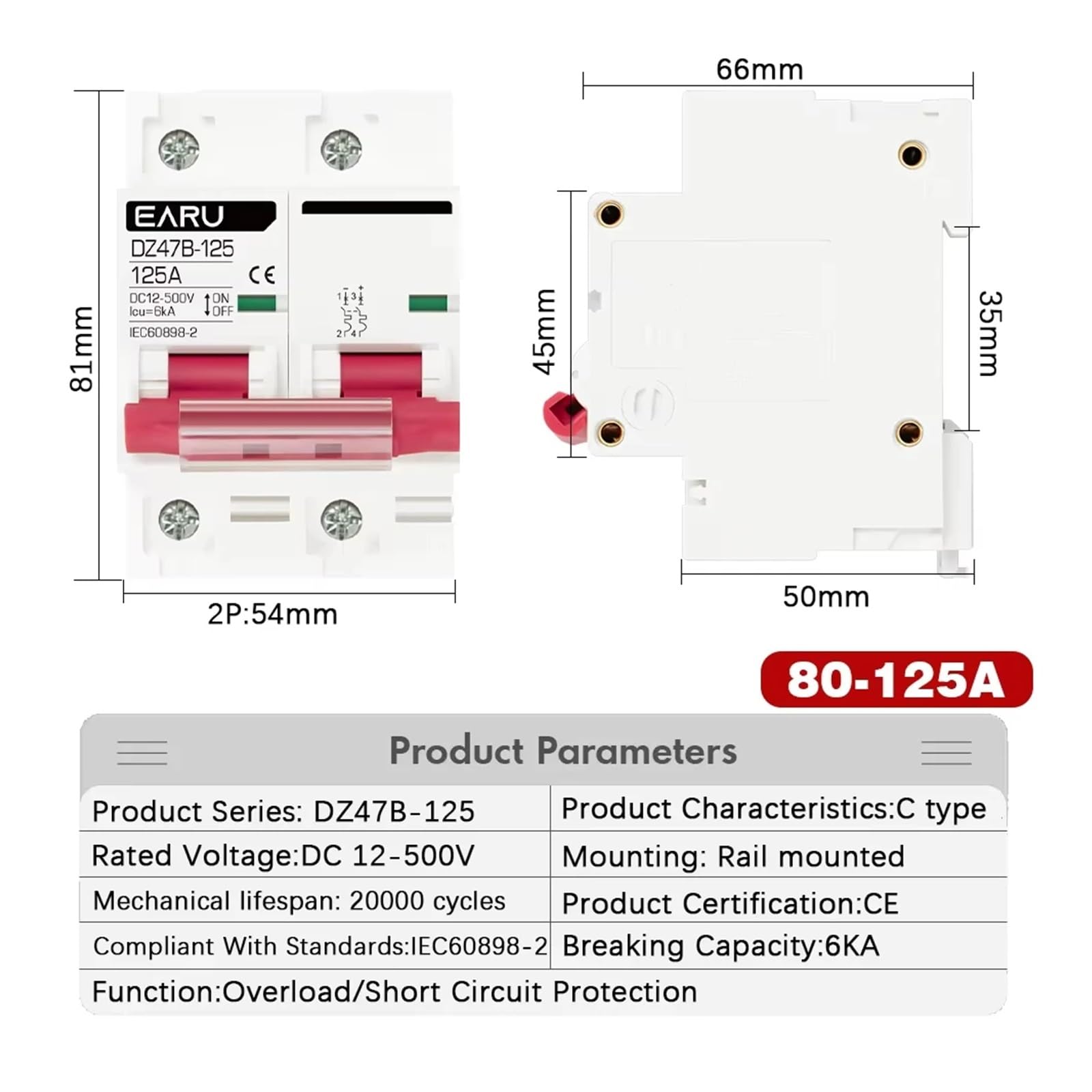 Disyuntor MCB 2P CC, 12 V, 24, 48, 500, Protector de batería for Coche DZ47, protección Polo Positivo y Negativo, Interruptor aislador(10A)
