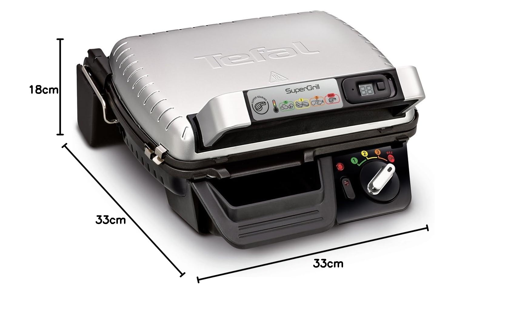 TEFAL GC451B12 SuperGrill, Grill elektryczny, Moc 2000 W, Grill kontaktowy, elektryczny, 4-pozycyjny termostat, 2 Pozycje grillowania, Cyfrowy timer, Tacka na tłuszcz, Srebrny