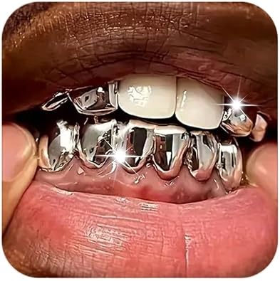 Longita 1 Set Silver Teeth Grillz for Women Grills for Your Teeth Men Silver Tooth Cap Grillz for Women Golden Tooth Jewelry Mouth Grills Hip Hop Rapper Outfits Custom Accessory Halloween Party