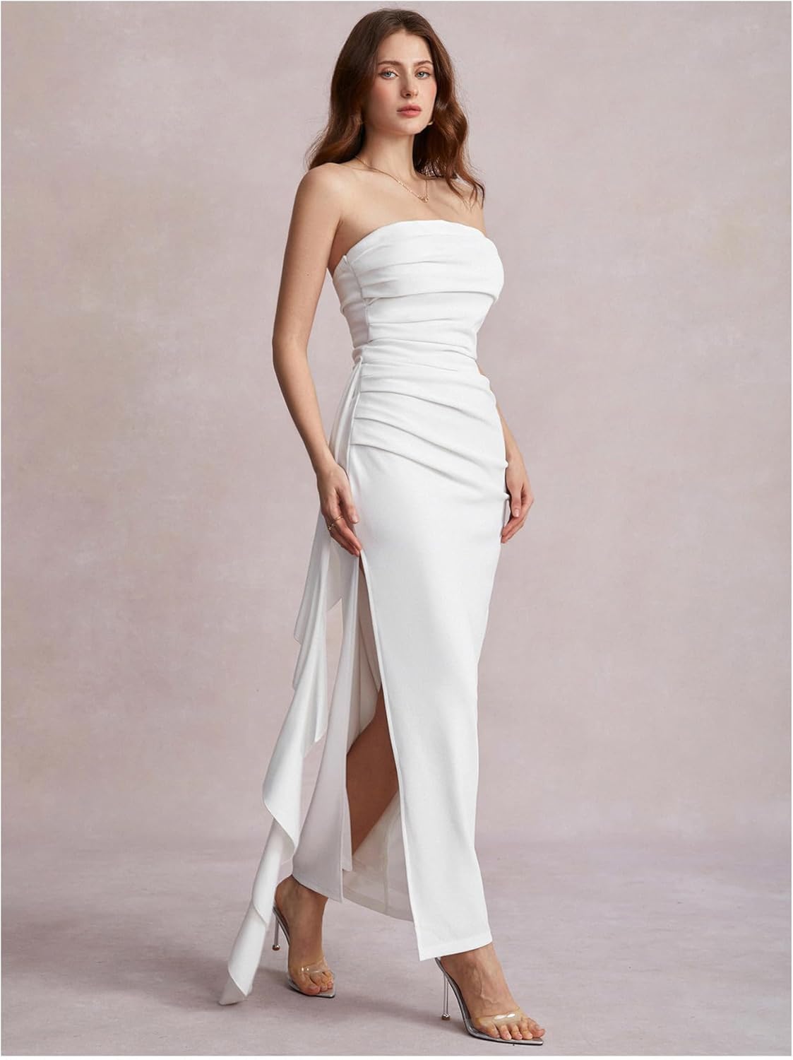 WDIRARA Women's Ruffle High Split Strapless Bodycon Dress Cocktail Wedding Party Maxi Dresses - Image 8