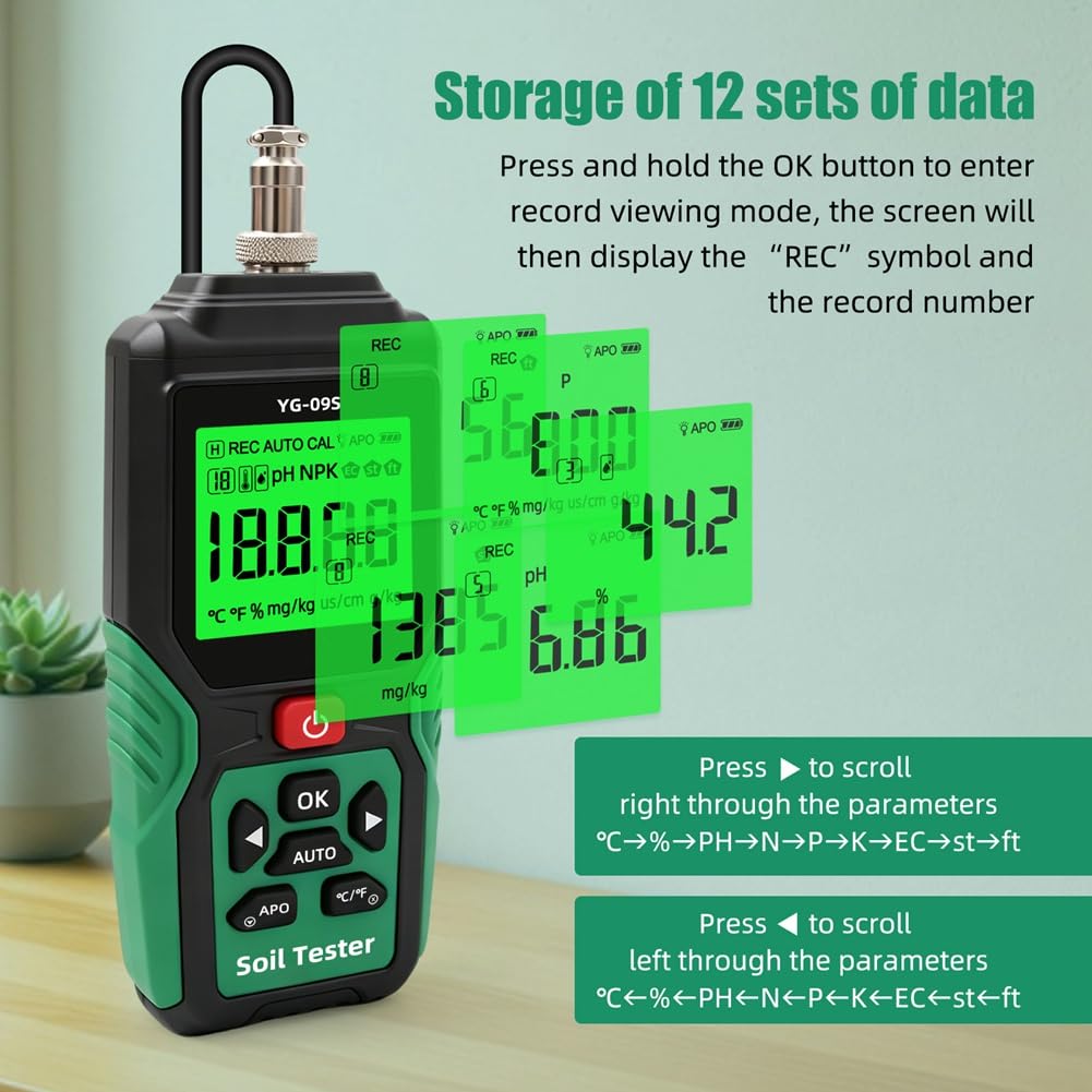 Analizador de Suelo Digital 9 en 1 con Sensor, y EC, Detector de Temperatura, Humedad, Salinidad y Fertilidad para Jardín
