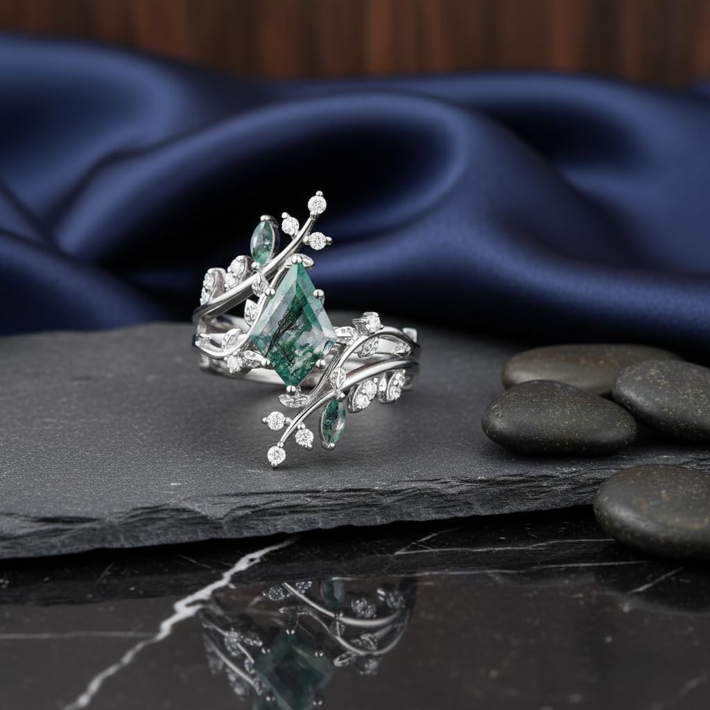 Natural Moss Agate Engagement Ring Set for Women Unique Kite Cut Ring Bridal Set 925 Sterling Silver Rings with 18K White Gold Plated - Image 4