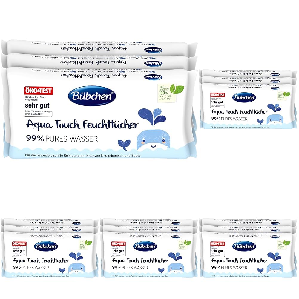 Bübchen Aqua Touch Feuchttücher, 144 Stück (3 x 48) – sensitive Pflegetücher mit 99% purem Wasser, feuchte Tücher für Neugeborene und Babys (Packung mit 5)