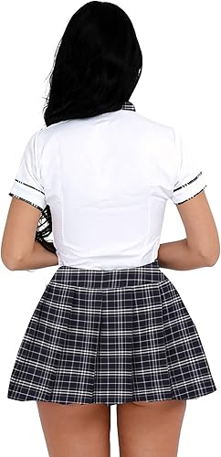 Miniatura 3 de JEATHA Uniforme para mujer, disfraz de cosplay de manga corta con minifaldas plisadas a cuadros