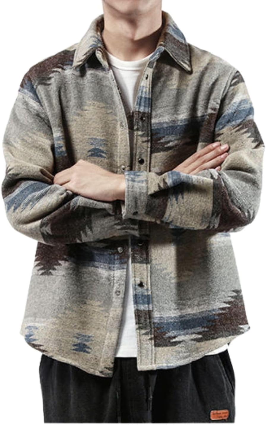 FindThy Men’s Brushed Flannel Shirts Ethnic Aztec Print Button Up Lapel Tribal Shirt Jacket Shacket - Image 2