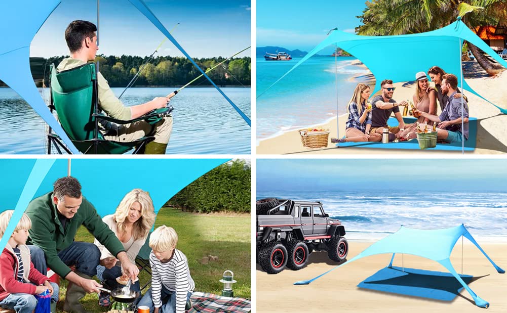 Tente de plage UV UPF50+ pare-soleil 2 poteaux camping pêche bleu