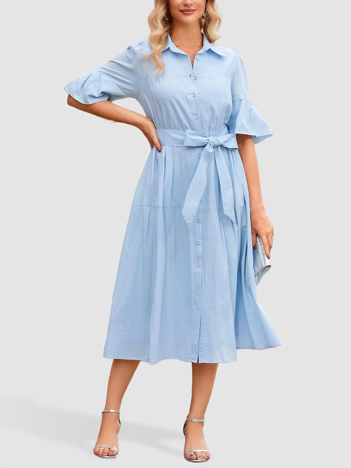 Ladyful Womens Cotton Shirt Midi Dress Embroidered Casual Half Sleeve Button Up Bow Belt Long Spring Dress with Pocket - Image 6