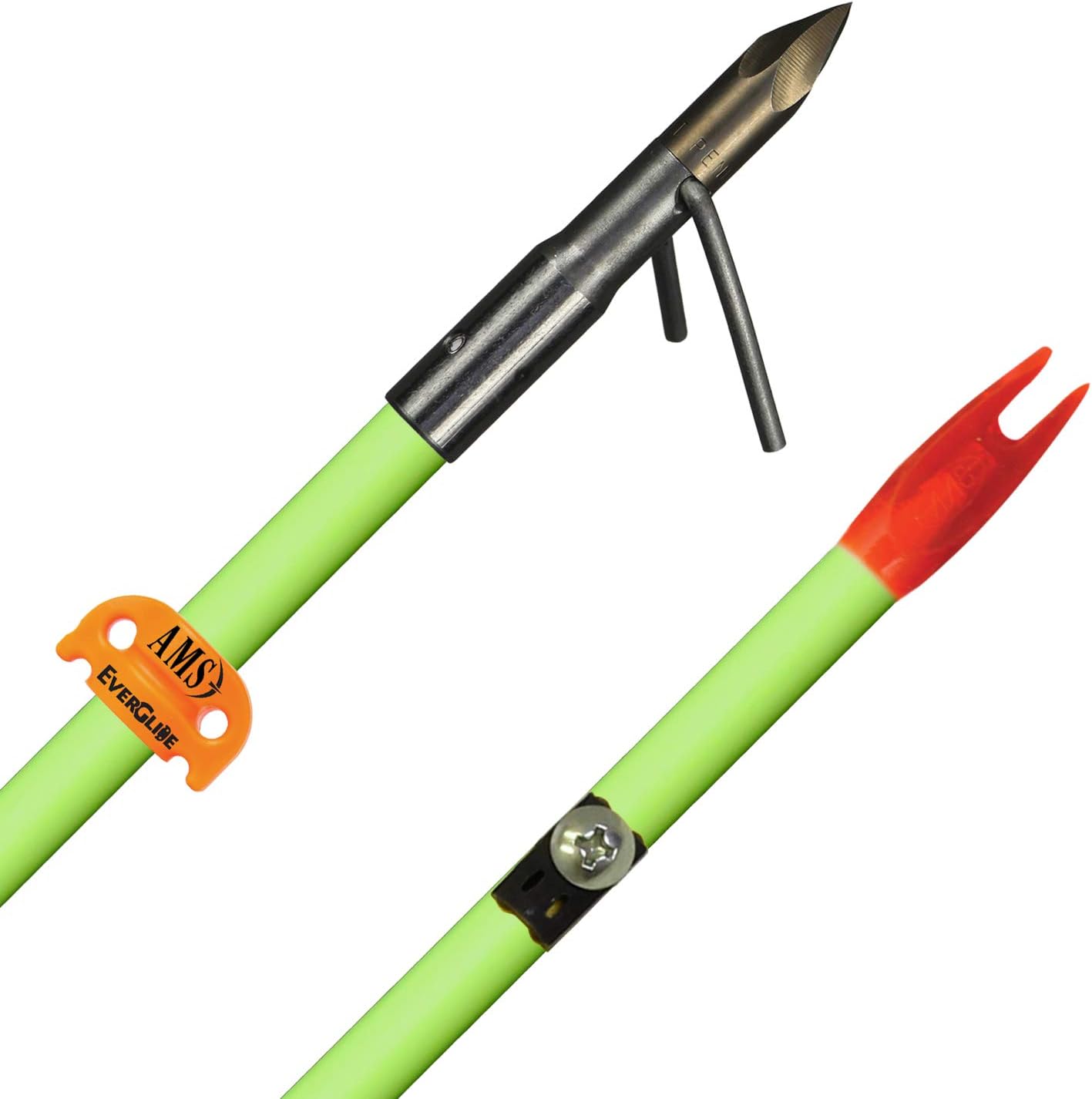 AMS Bowfishing A203-FLO Fluorescent Green Fiberglass Arrow, Chaos FX Point & Safety Slide