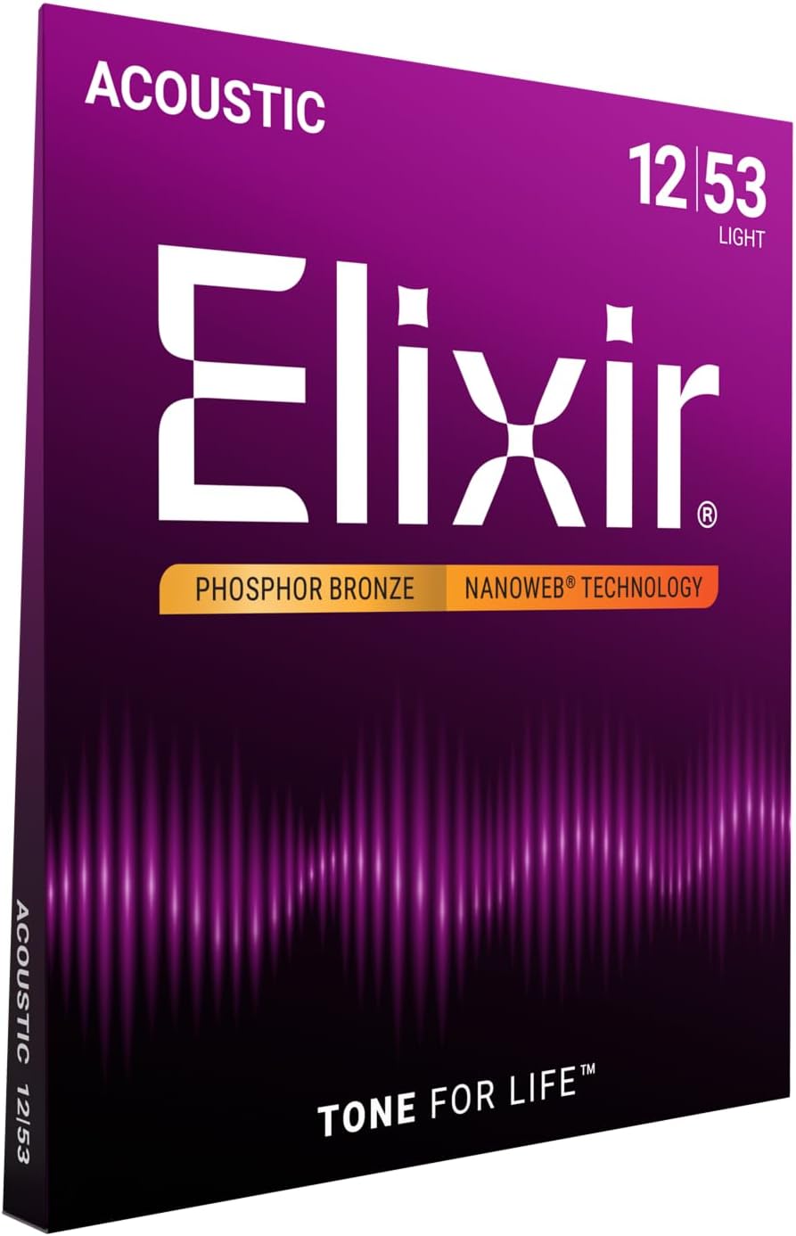 Elixir Strings, Acoustic Guitar Strings, Phosphor Bronze with NANOWEB Technology, Longest-Lasting Rich and Full Tone For Life with Comfortable Feel, 6 String Set, Light 12-53