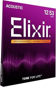 Elixir 16052 Phosphor Bronze Nanoweb Coating Acoustic Guitar Strings - Light 12-53