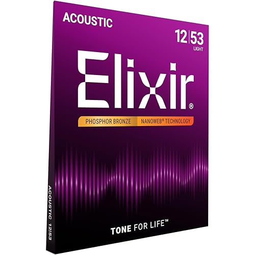 Elixir Strings, Acoustic Guitar Strings, Phosphor Bronze with NANOWEB Technology, Longest-Lasting Rich and Full Tone For Life with Comfortable Feel, 6 String Set, Light 12-53