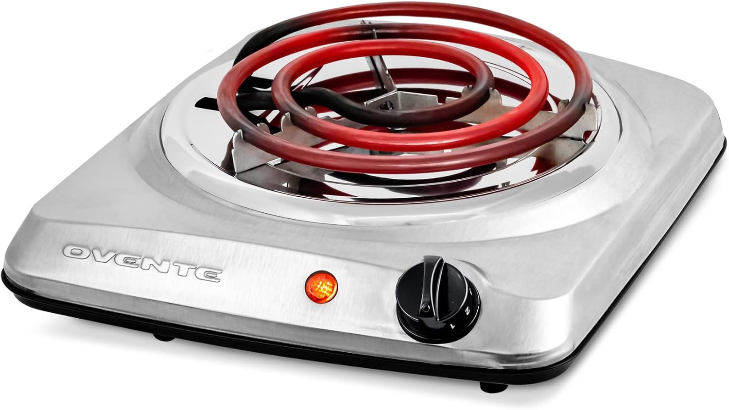OVENTE Electric Single Coil Burner 6 Inch Hot Plate Cooktop with 5 Level Temperature Control and Easy to Clean Stainless Steel Base, Portable Countertop Stove for Home, Dorm or Office, Silver BGC101S