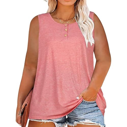 Womens Plus Size Tops Summer Sleeveless Loose Fit Button Down Tanks Top Blouse Shirts (B Coral Pink, 2XL)