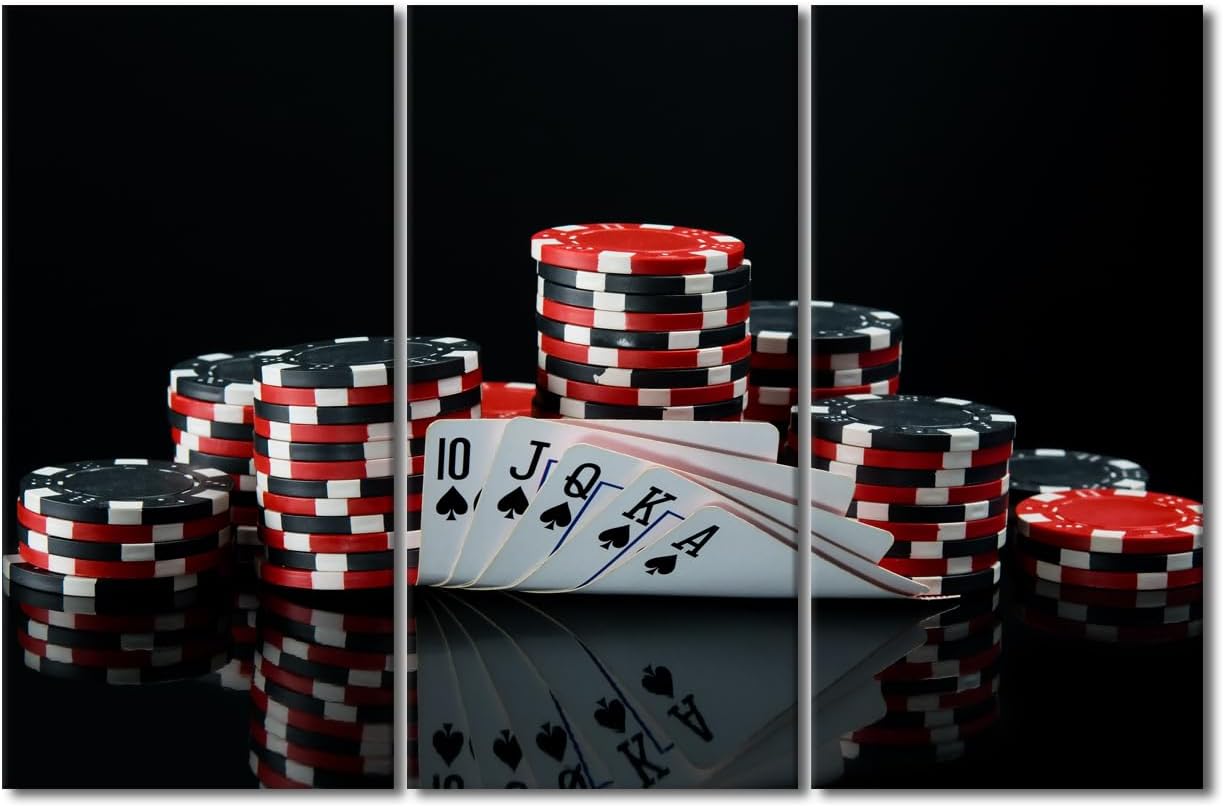 Poker Game Picture for Living Room Casino Style Art Painting Wall Art Big Bet for Playing Cards on Money Pictures Artwork Prints on Canvas Modern Home Decor Giclee Framed Ready to Hang 40"Wx60"H