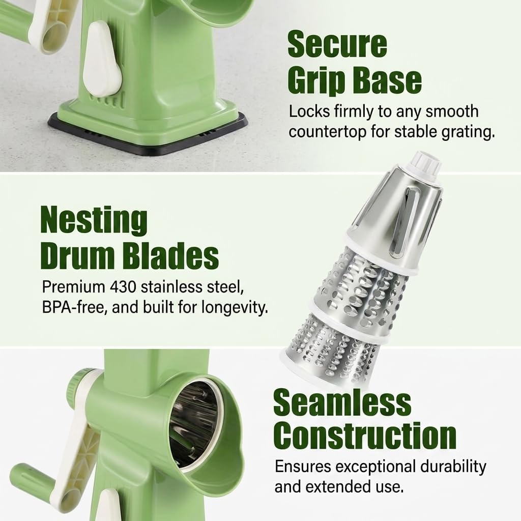 Rotary Cheese Grater & Shredder with 3 Blades, Manual Crank Veggie Spiralizer for Cheese and Vegetable Salad, Kitchen Hand Crank Grater