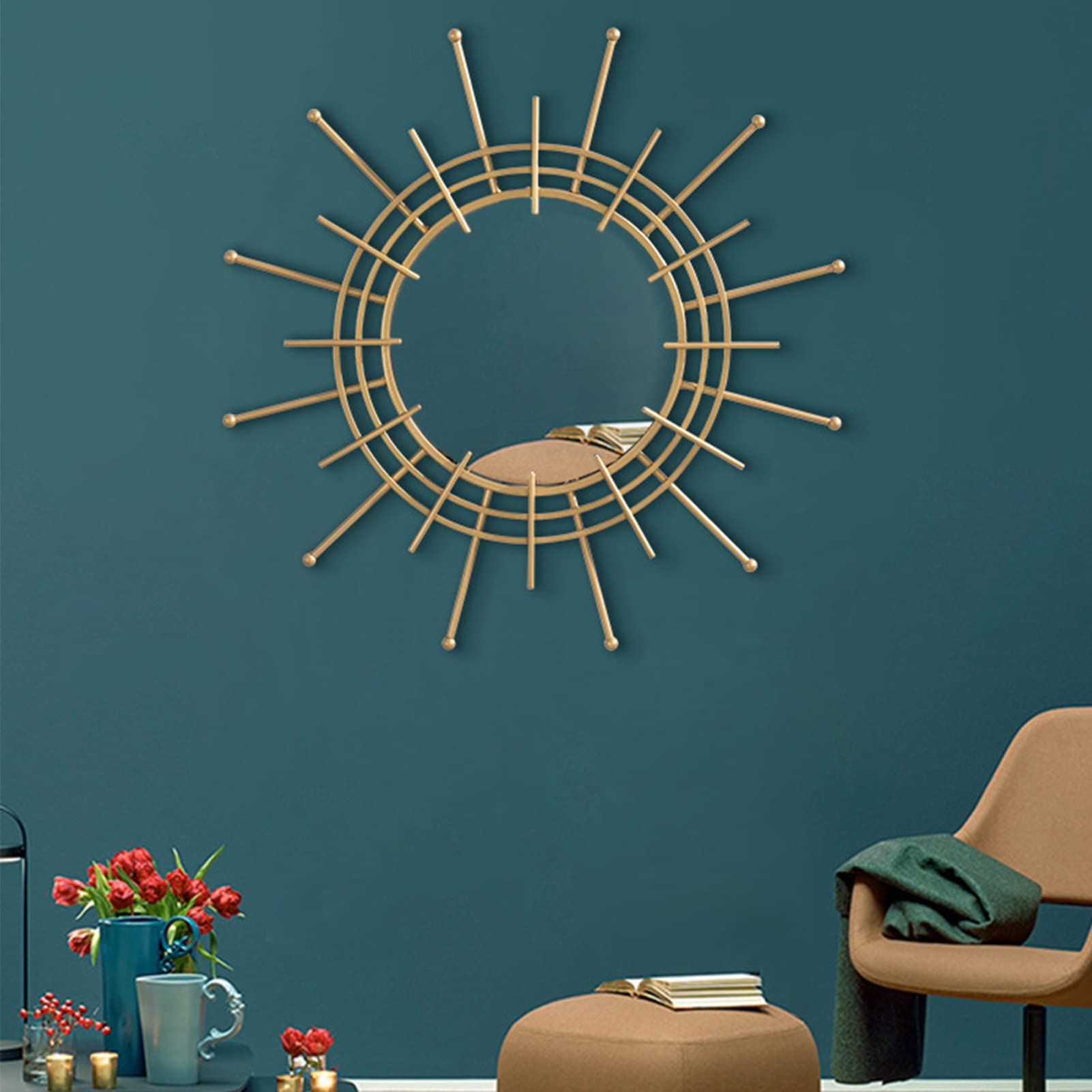 Sunburst Wandspiegel, runder großer Starburst Dekorative Hängespiegel aus Metall, Wand-Akzent-Spiegel mit Gold-Finish, Wand hängenden Spiegel für Esszimmer Wohnzimmer Flur