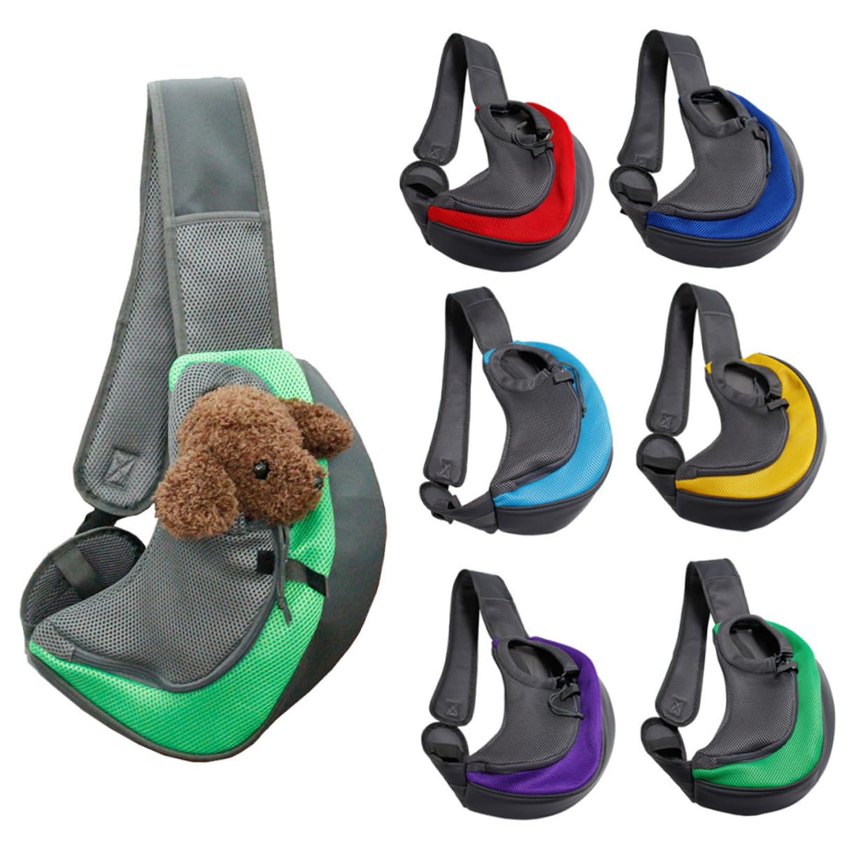 Bolso para mascotas pequeñas verde con correa ancha y compartimento para móvil para paseos cómodos