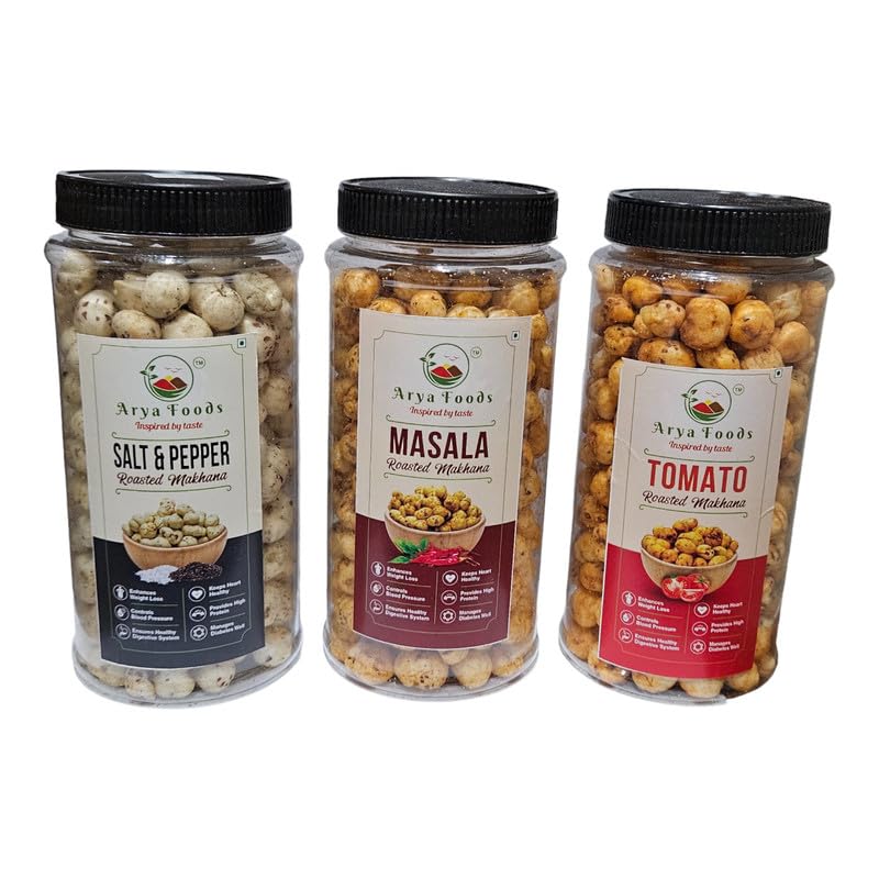 Arya Foods Roasted Salt & Pepper, Tomato and Masala Makhana - Nutritious and Flavorful Snack | Healthy Carving | High in Protein and Fiber | Gluten Free | Guilt-Free | Combo Pack | Pack of 3 | 100g each (B0CR3YYXVR) Amazon Price History, Amazon Price Tracker