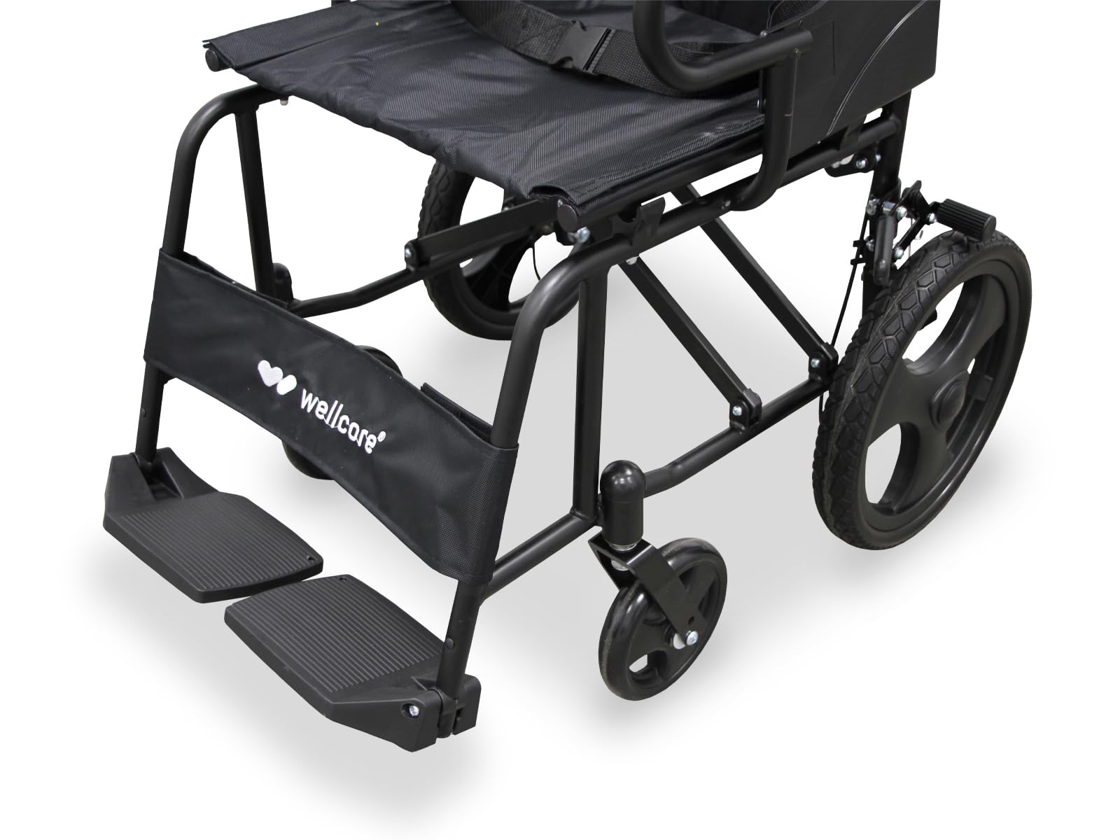 WELLCORE Fauteuil roulant de transfert pliant, châssis en acier, léger et compact, roues solides, freins à poignée, dossier pliable, largeur d'assise 46 cm, jusqu'à 100 kg.
