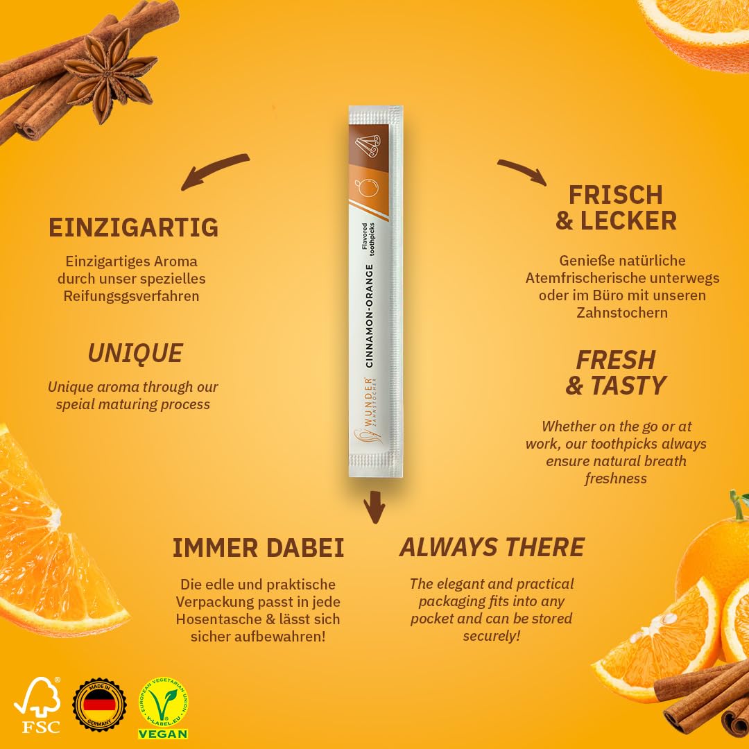 Wunder palillos de dientes con sabor - 30x palillos de dientes empaquetados individualmente - Aliento fresco - Palillos de dientes individuales con sabor (cinnamon-orange)