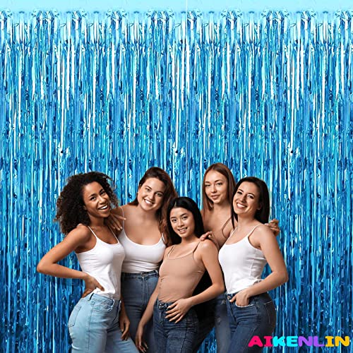 Image of 4 Pack 3.2Ft x 8.2Ft Lake Blue Foil Fringe Curtain Backdrop, Metallic Tinsel Foil Fringe Streamers Curtains Background for Photo Booth, Birthday, Wedding, Halloween, Christmas Party Decoration