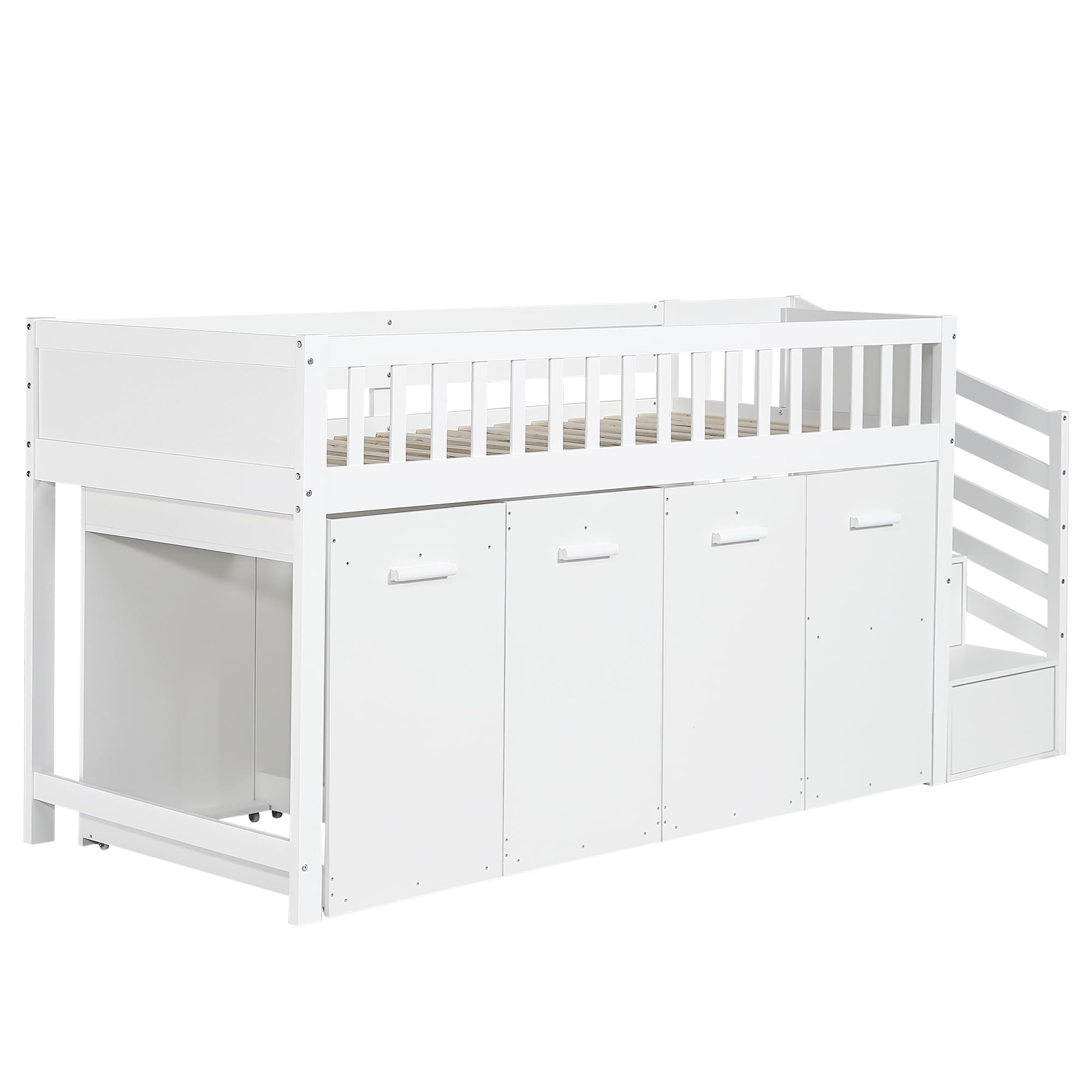 90x200cm, Weiß,Etagenbett, Multifunktionsbett, Hochbett mit Schreibtisch und Schrank, Ausziehbarer Schreibtisch Kinderhochbett, Bett mit Schreibtisch, Kinder Bett