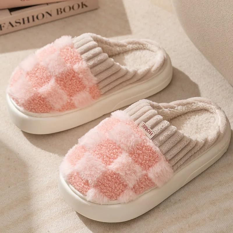 Women's Slippers Cute Plush Fleece Slip On Warm House Shoes with Anti-Slip Sole (6-7.5,Pink,Adult,Narrow,6,Women,7.5)2