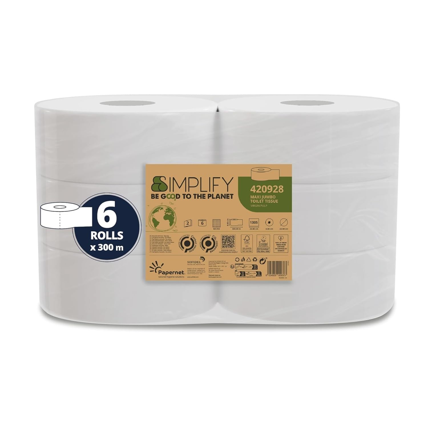 Papernet Simplify - 6 Rouleaux de Papier Hygiénique, 2 Plis | (420928), Rouleaux Maxi Jumbo en Pure Cellulose de 300m Chacun, 7 830 Services de 8,6x23 cm, Gaufrage Micro, Blanc