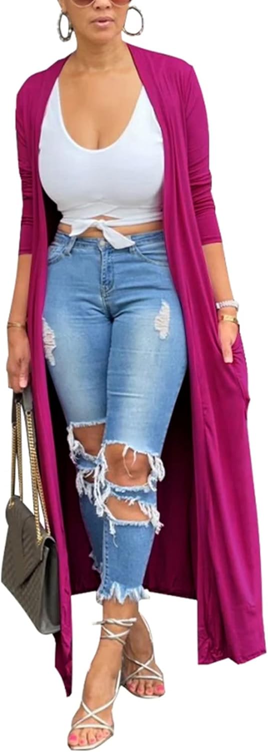 Adogirl Women's Long Sleeve Lightweight Soft Cover Ups Outerwear Casual Open Front Maxi Drape Cardigans with Pockets