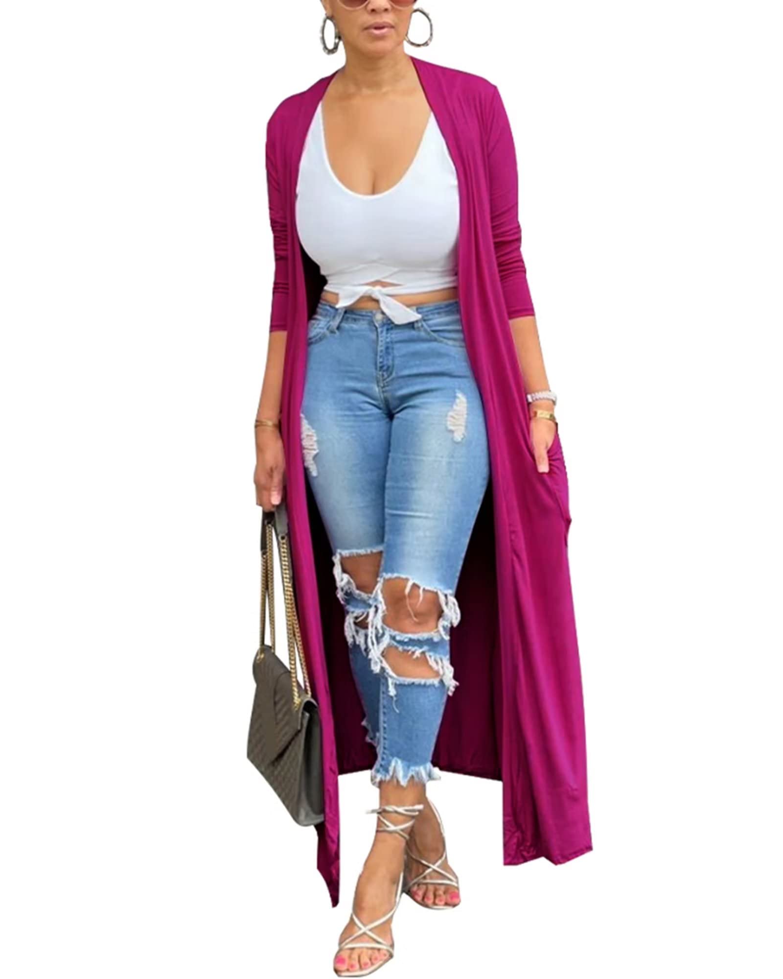 Adogirl Women's Long Sleeve Lightweight Soft Cover Ups Outerwear Casual Open Front Maxi Drape Cardigans with Pockets