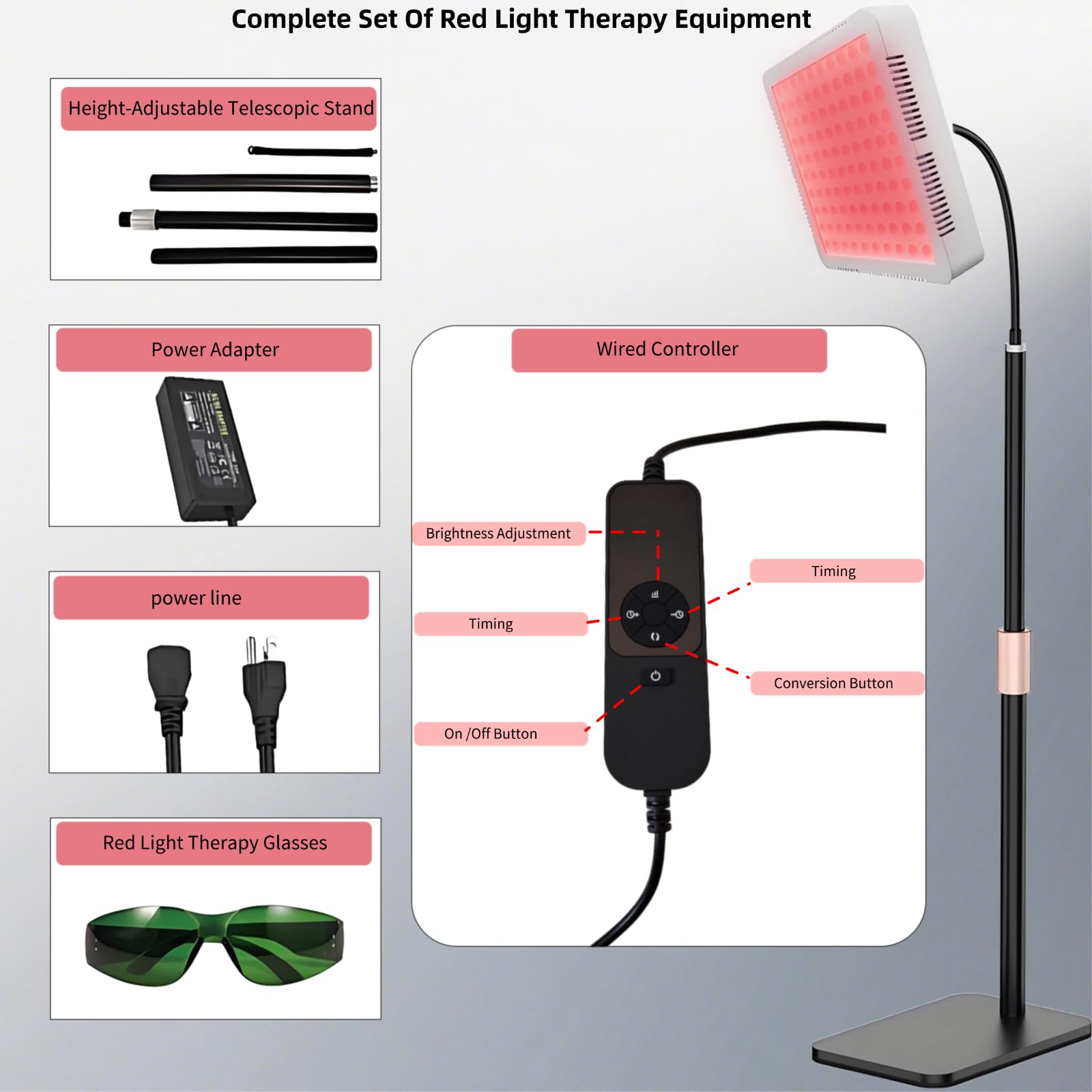 Lampa do terapii światłem czerwonym do panelu światła na podczerwień, podwójna długość fali 660 nm/850 nm, 100 diod LED z regulowaną jasnością stojaka i timerem, elastyczna gęsia szyja 360°, do użytku