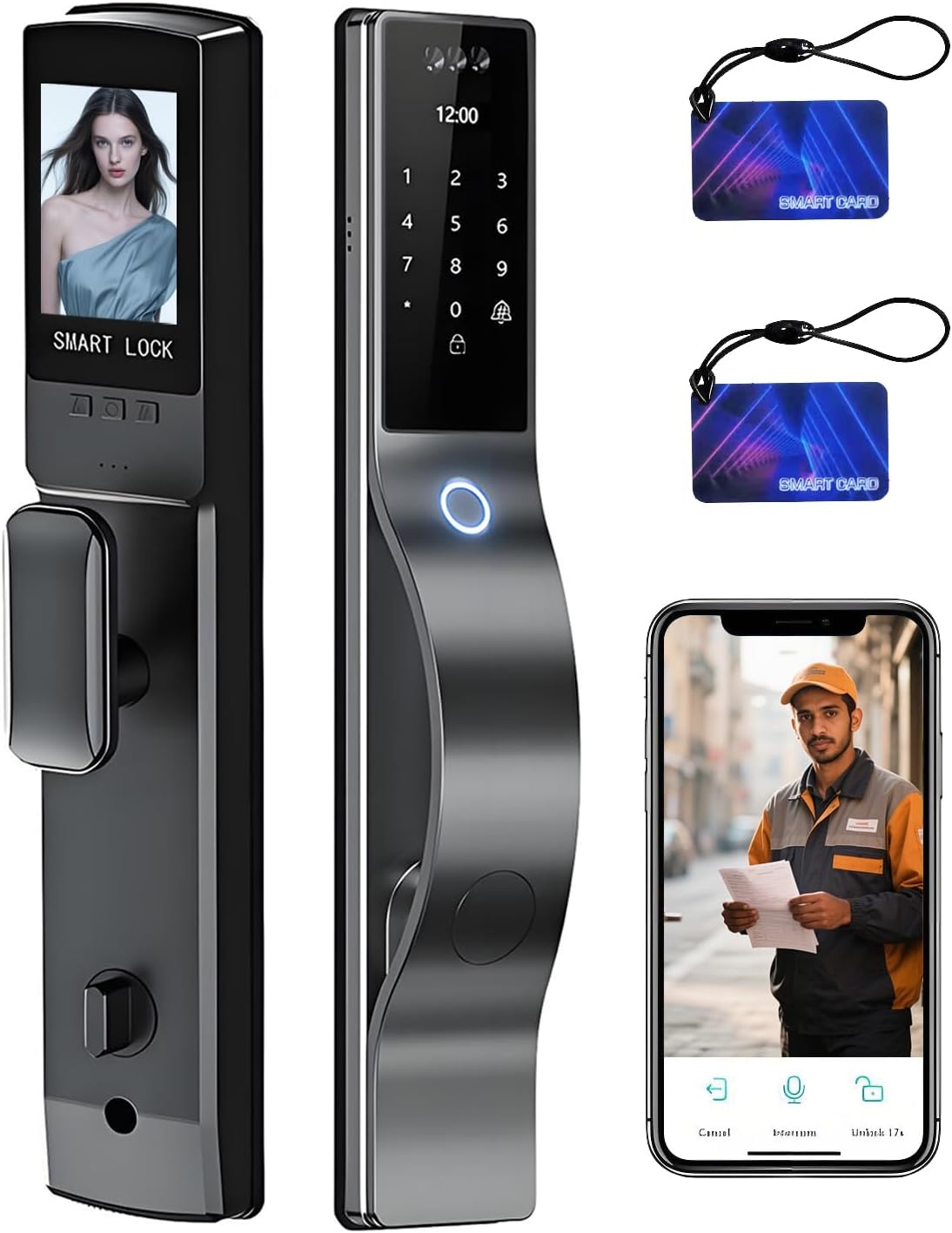 3D Face Recognition Smart Door Lock with Lockbody, Video Smart Lock with Camera&Doorbell, Front Door Keyless Entry Lock, WiFi&Tuya APP Control/Fingerprint/IC Card/Password/Keys