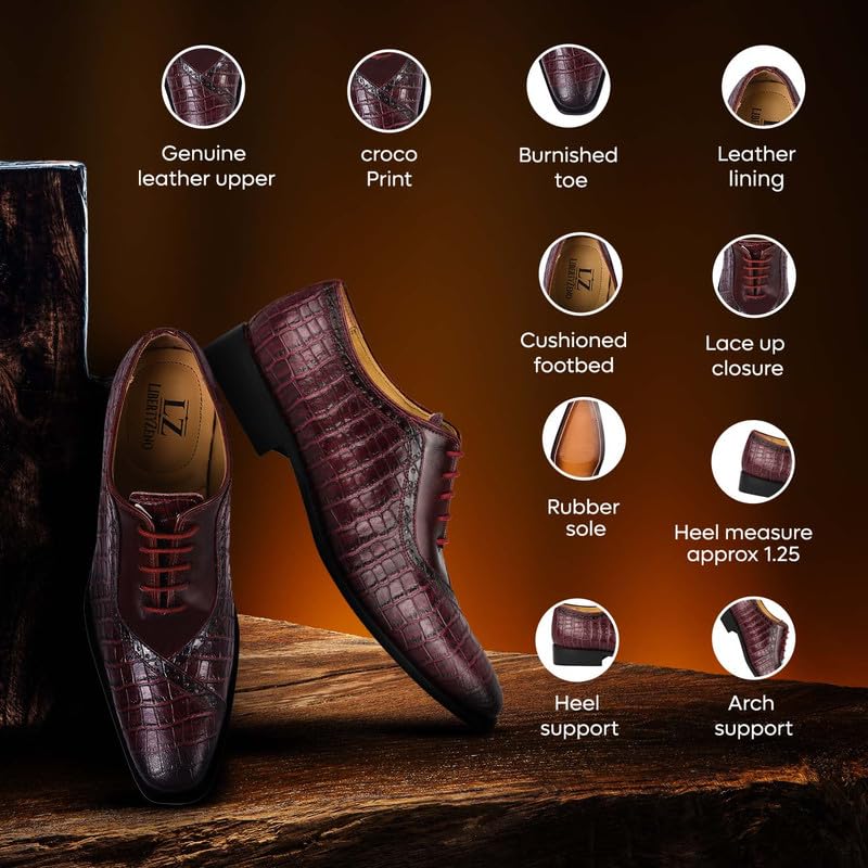 Image of LIBERTYZENO Mens Burnished Toe Genuine Leather Adults Lace Up Oxford Dress Shoes for Easter Gift