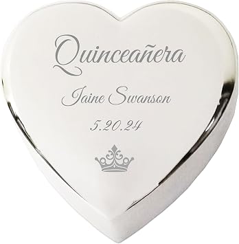 Personalized Heart Keepsake Box for Quinceanera with Custom Engraved Crown and Name for Quinceanera Gifts for Girls, 15th Birthday Silver Trinket Boxs