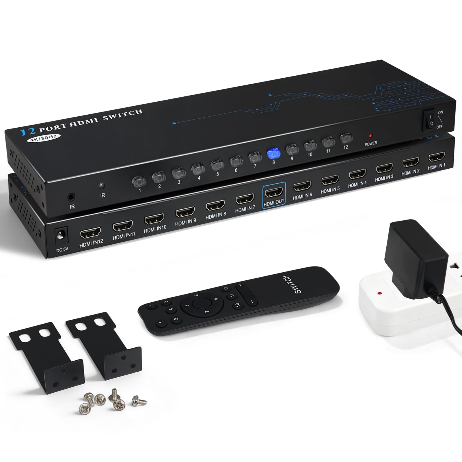 Switch HDMI a 12 Porte e 8 Porte 12 in 1 Out - Selettore HDMI 4K con Telecomando IR, 4K@30Hz Compatibile con laptop, PS5, Xbox, Fire TV, Lettore Blu-ray, Set-top Box, TV, Monitor, Proiettore