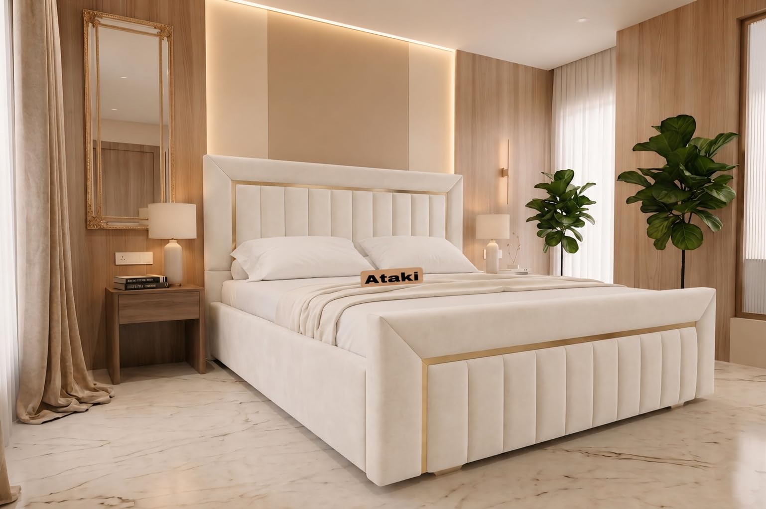 Modern Upholstered King Size Bed with Box Storage for Bedroom | Sheesham Wood Double Bed with Storage | Cream White Platform Cot with Padded Headboard & Gold Accent | 6.5 x 6 Ft-image-37