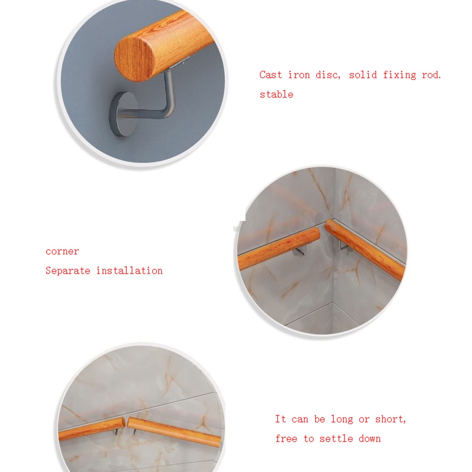 Barandilla de seguridad redonda de madera ajustable para montaje en pared, barra de soporte para personas mayores con soporte de metal, solución segura de seguridad para pasillo