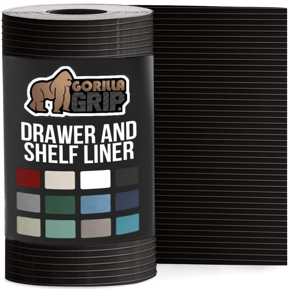 Gorilla Grip Ribbed Drawer and Shelf Liner for Cabinet, Non Adhesive Waterproof Protection for Kitchen, Strong Grip, BPA Free Plastic Liners for Cabinets, Bathroom Cupboard Drawers, 24x30, Black Onyx