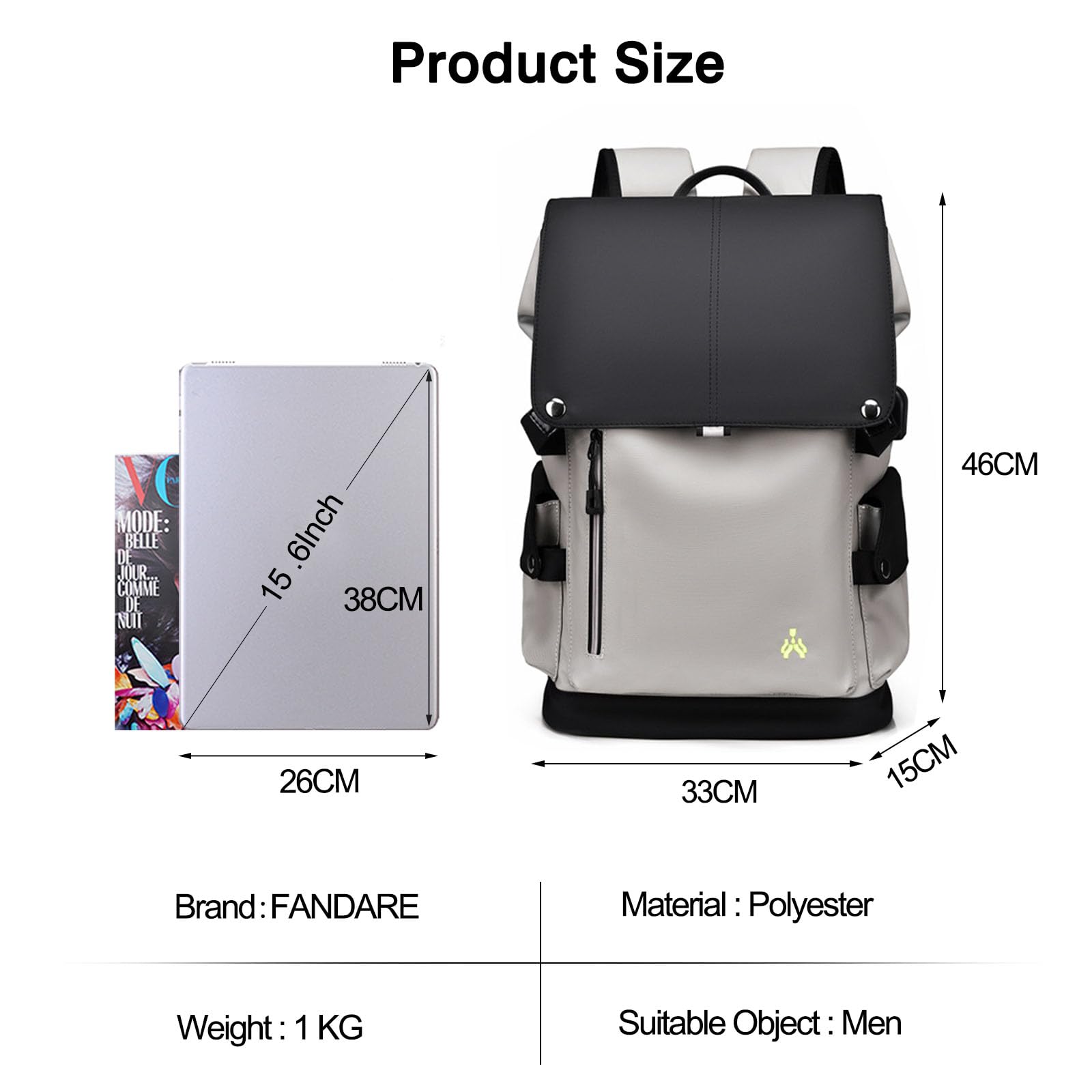 FANDARE Mochila para Laptop Mochila de Viaje de Negocios con Bloqueo de Puerto de Carga USB & Cinturón Reflectante Mochila Trabajo Mochilas para portátiles netbooks Mochilas Tipo Casual Blanco Negro